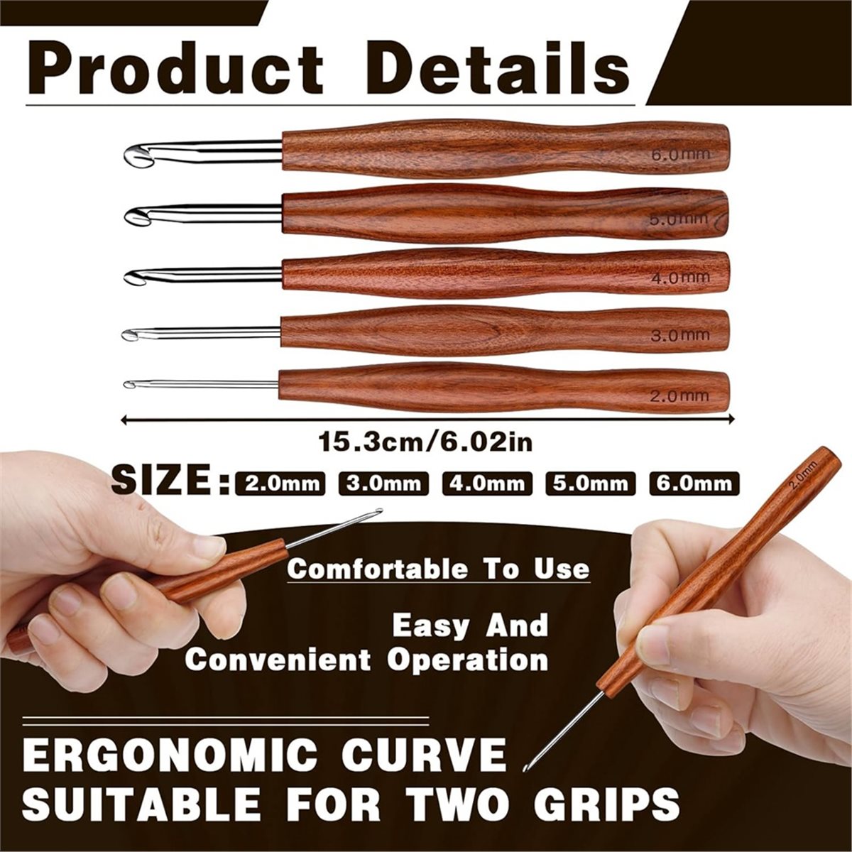 Wooden Crochet Hooks Ergonomic Handle - NOCM 5 szt. Szydełka do szydełkowania,